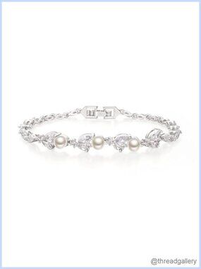 Simulated Pearl CZ Tennis Bracelet for Women Bride Wedding Silver Tone